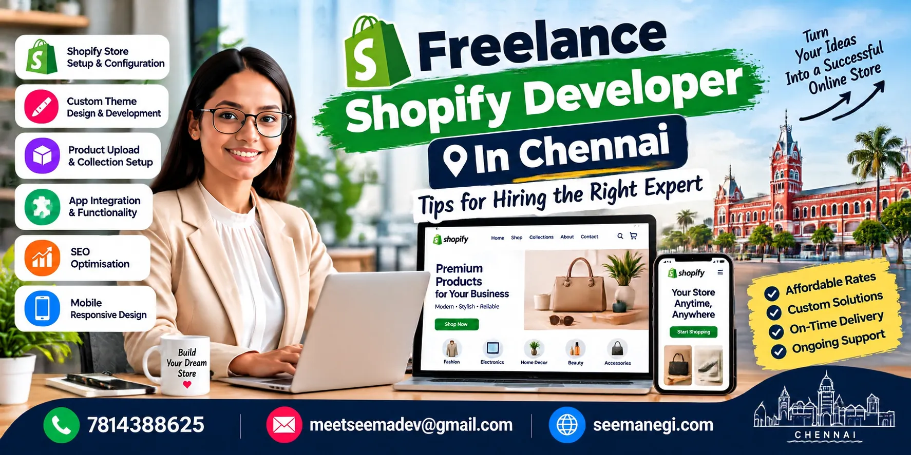 Freelance Shopify developer in Chennai offering Shopify store setup, custom theme development, product uploads, and eCommerce integrations