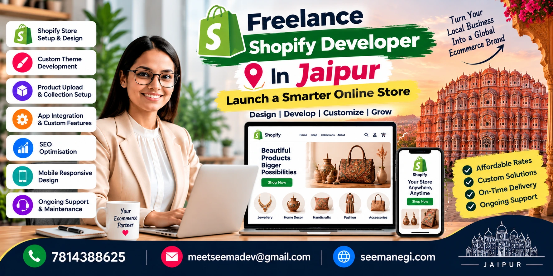 Freelance Shopify developer in Jaipur offering Shopify store setup, custom theme development, product uploads, and eCommerce integrations