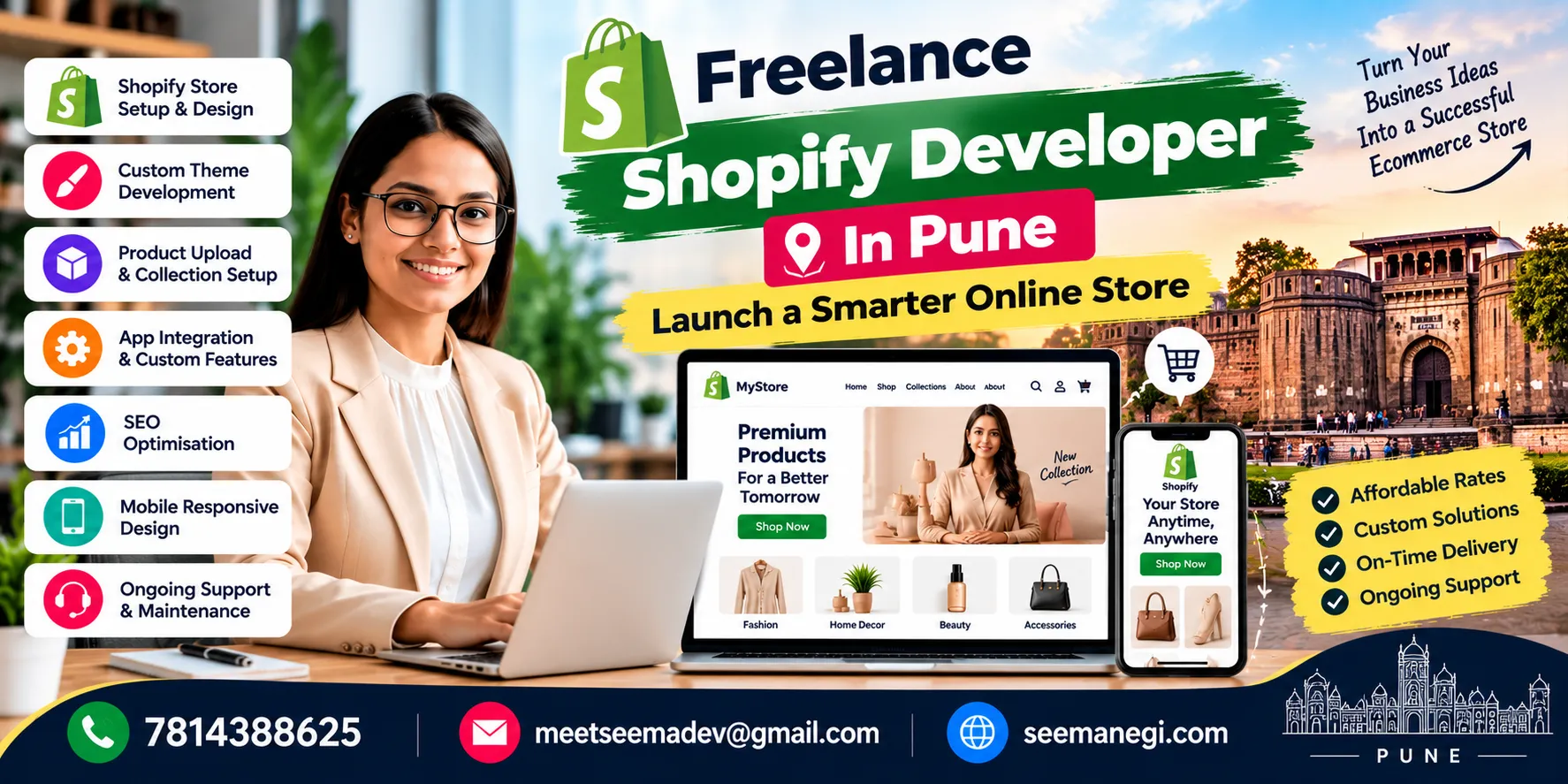 Freelance Shopify developer in Pune offering Shopify store setup, custom theme development, product uploads, and eCommerce solutions.