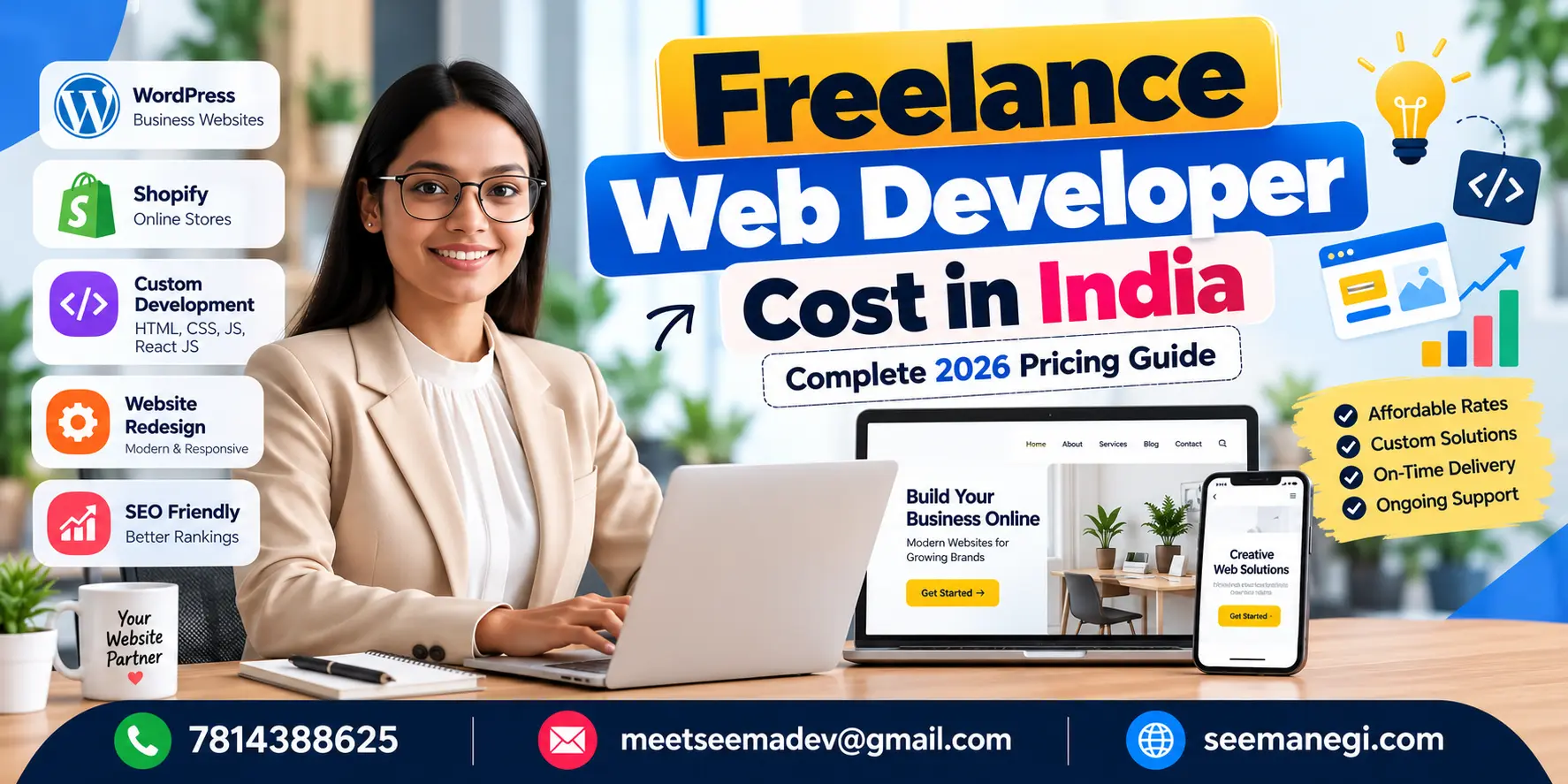 Freelance web developer cost in India featuring Seema Negi and website development services. Copy alt text