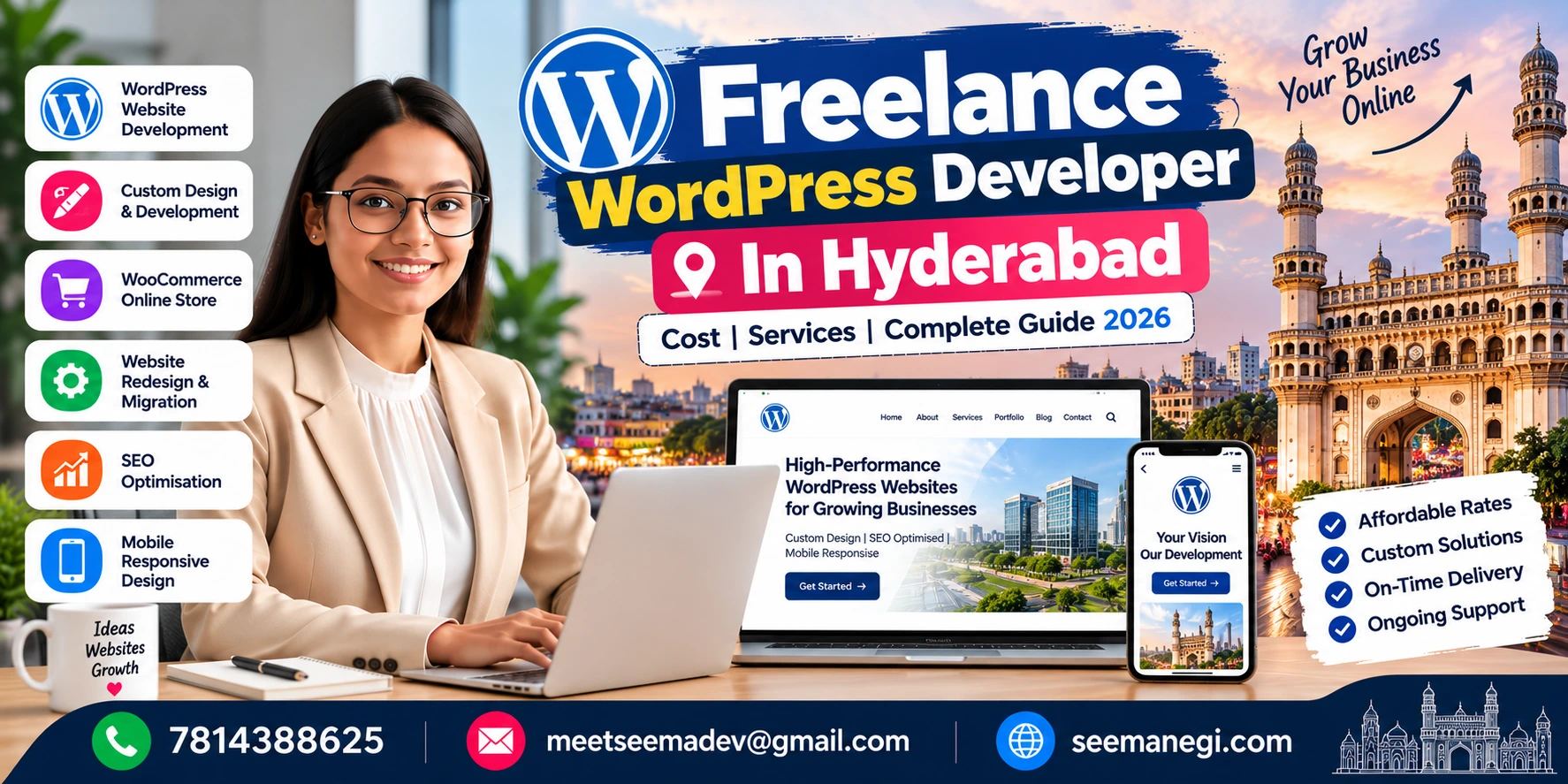 Freelance WordPress developer in Hyderabad offering website development, WooCommerce, responsive design, and SEO services.