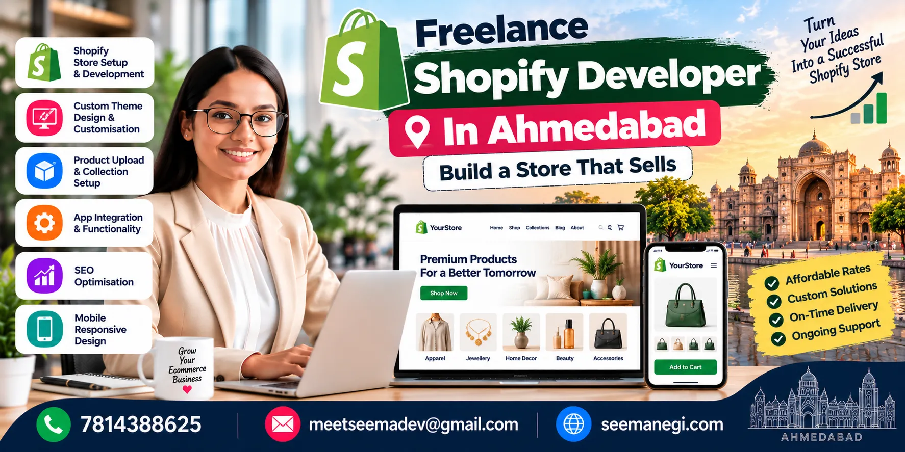 Freelance Shopify developer in Ahmedabad offering Shopify store setup, custom theme development, product uploads, app integration, and SEO services.